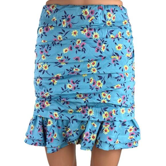 Zara Blue Floral High Waisted Fitted Stretch Ruched Ruffle Mini Skirt Size S - Picture 1 of 5